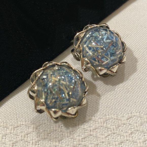 Vintage Silver And Blue Confetti Button Earrings - Picture 6 of 9